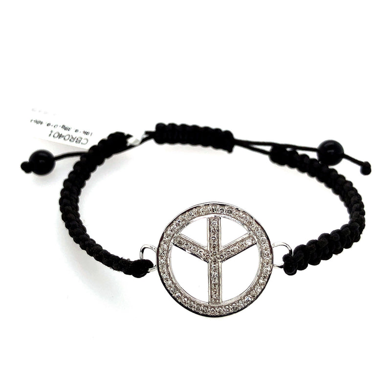 Sterling Silver Pave Diamond Peace Sign Macrame Bracelet Handmade Jewelry