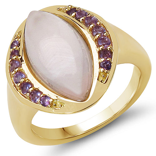 14K Yellow Gold Plated 4.28 Carat Genuine Rose Quartz & Amethyst .925 Sterling Silver Ring