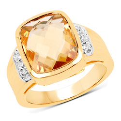 14K Yellow Gold Plated 3.99 Carat Genuine Golden Citrine & White Topaz .925 Sterling Silver Ring