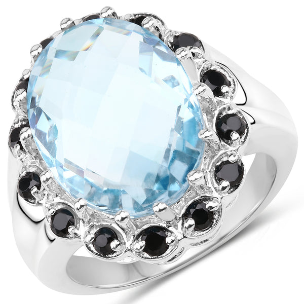 12.49 Carat Genuine Blue Topaz & Black Spinel .925 Sterling Silver Ring