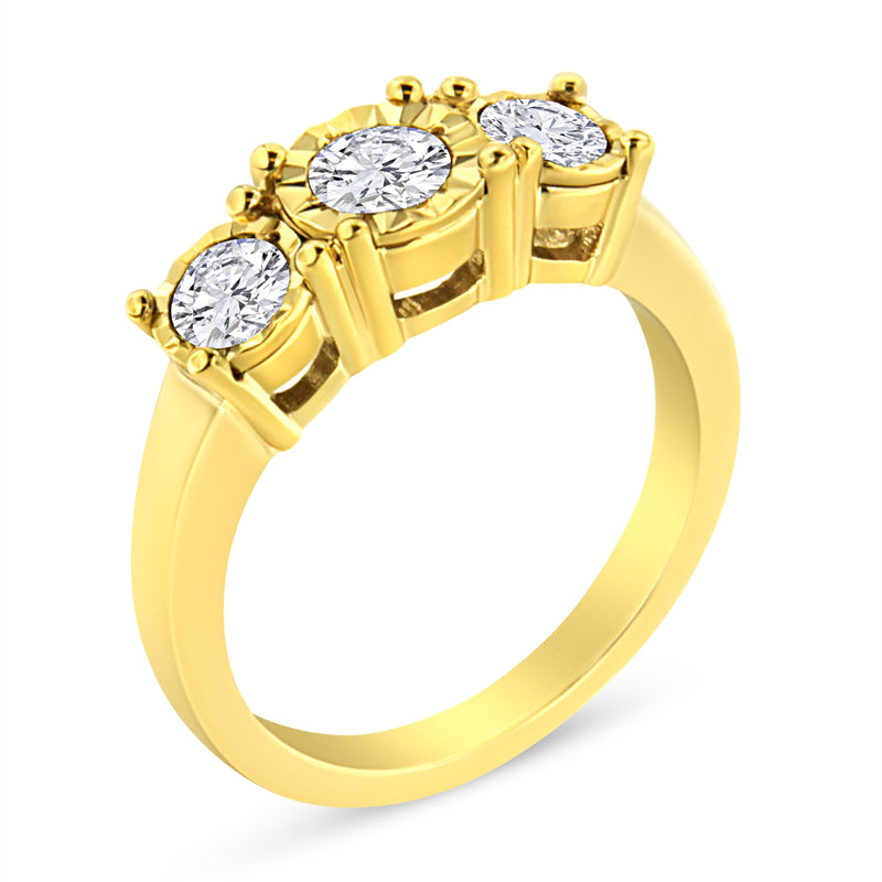 14K Yellow Gold Plated .925 Sterling Silver 1.00 Cttw Miracle-Set Round Diamond Three Stone Engagement Ring (K-L Color, I1-I2 Clarity) - Size 7