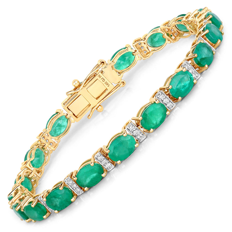 14.05 Carat Genuine Zambian Emerald and White Diamond 14K Yellow Gold Bracelet