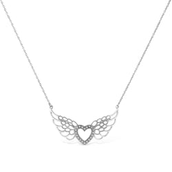 .925 Sterling Silver Pave-Set Diamond Accent Fairy Wing 18" Heart Pendant Necklace (I-J Color, I1-I2 Clarity)