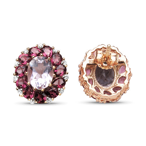 18K Rose Gold Plated 8.00 Carat Genuine Amethyst, Rhodolite & White Topaz .925 Sterling Silver Earrings