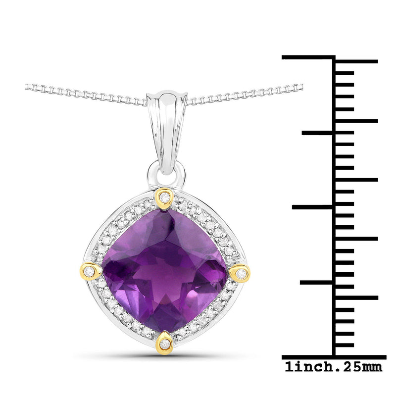 3.20 Carat Genuine Amethyst and White Diamond 18K Yellow Gold with .925 Sterling Silver Pendant