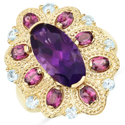 6.80 Carat Genuine Amethyst, Rhodolite and Blue Topaz .925 Sterling Silver Ring