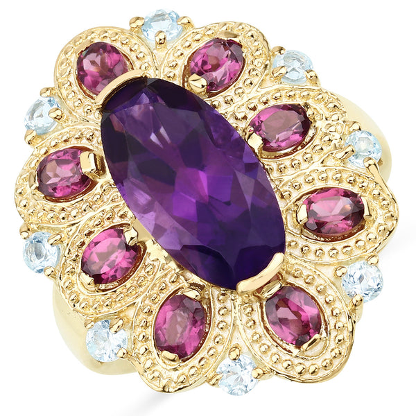 6.80 Carat Genuine Amethyst, Rhodolite and Blue Topaz .925 Sterling Silver Ring