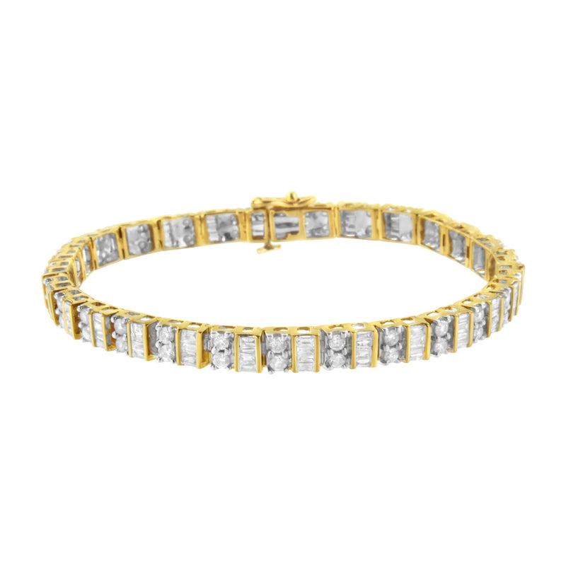 10K Yellow Gold 4.0 Cttw Alternating Baguette & Round Cut Diamond Bezel- & Prong-Set 7" Tennis Bracelet (G-H Color, SI1-SI2 Clarity)