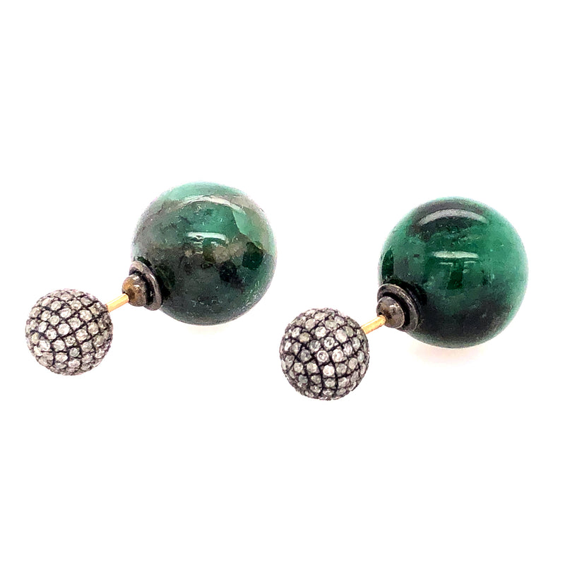 Natural Emerald Double Sided Earrings 14k Gold Jewelry