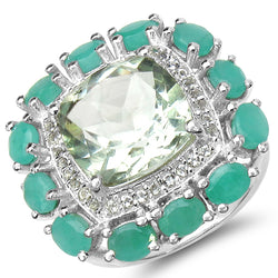 7.29 Carat Genuine Green Amethyst, Emerald & White Topaz .925 Sterling Silver Ring