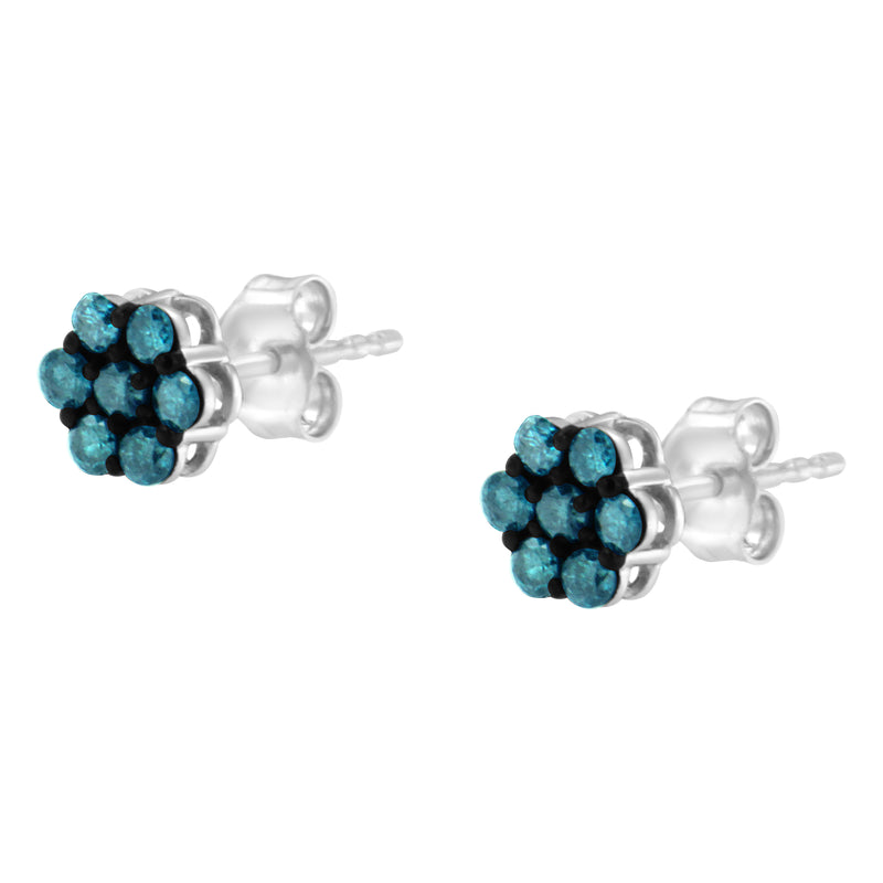 Sterling Silver Treated Blue Diamond Floral Stud Earrings (0.5 cttw, Blue Color, I2-I3 Clarity)