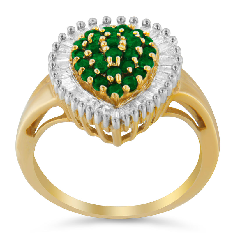 10K Yellow Gold 1ct TDW Round Treated Emerald Gemstone and Baguette Diamond Ballerina Cluster Ring (H-I SI1-SI2)