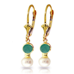5.2 Carat 14K Solid Yellow Gold Leverback Earrings Pearl Emerald