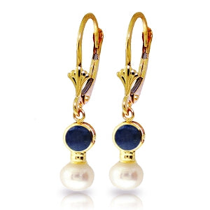 5.2 Carat 14K Solid Yellow Gold Leverback Earrings Pearl Sapphire