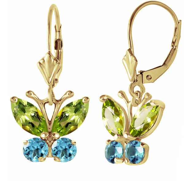 1.24 Carat 14K Solid Yellow Gold Butterfly Earrings Peridot Blue Topaz