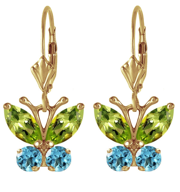 1.24 Carat 14K Solid Yellow Gold Butterfly Earrings Peridot Blue Topaz