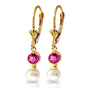 2.7 Carat 14K Solid Yellow Gold Leverback Earrings Pearl Pink Topaz