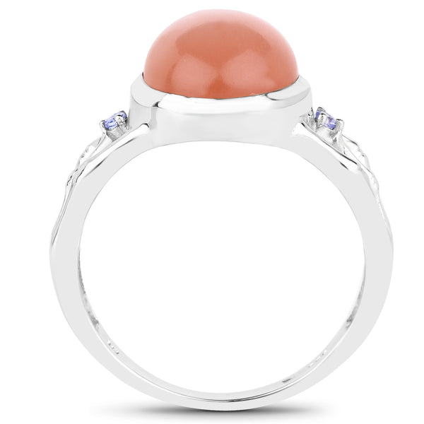 6.54 Carat Genuine Peach Moonstone and Tanzanite .925 Sterling Silver Ring