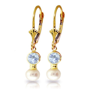 2.7 Carat 14K Solid Yellow Gold Leverback Earrings Pearl Aquamarine