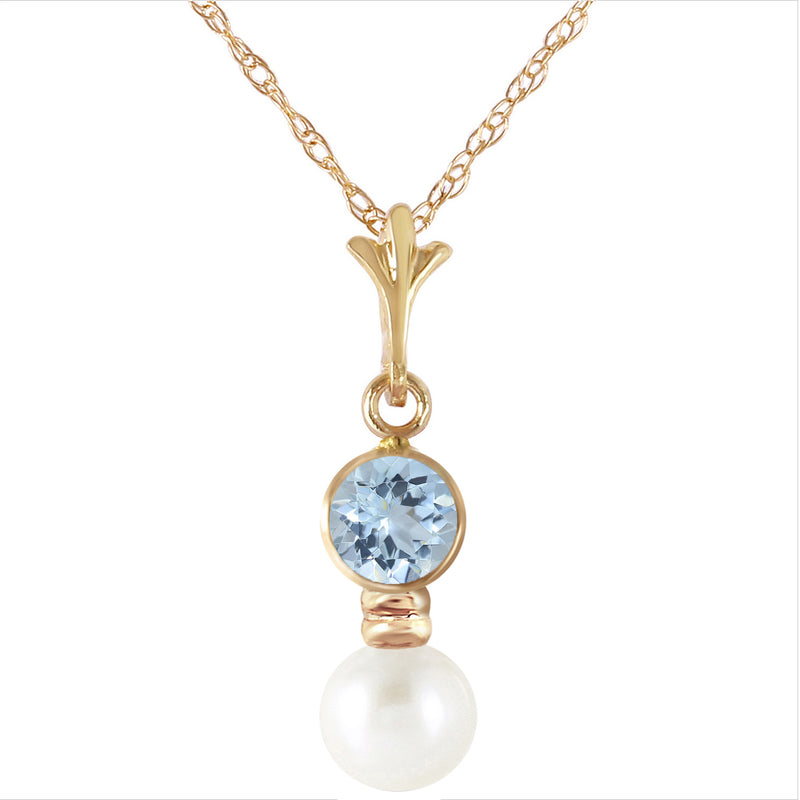 1.23 Carat 14K Solid Yellow Gold Necklace Aquamarine Pearl