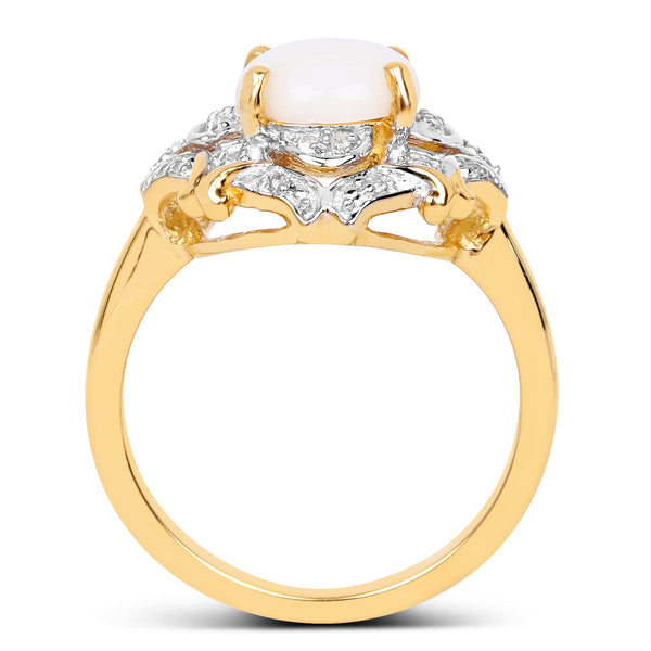 14K Yellow Gold Plated 1.40 Carat Genuine Opal and White Topaz .925 Sterling Silver Ring