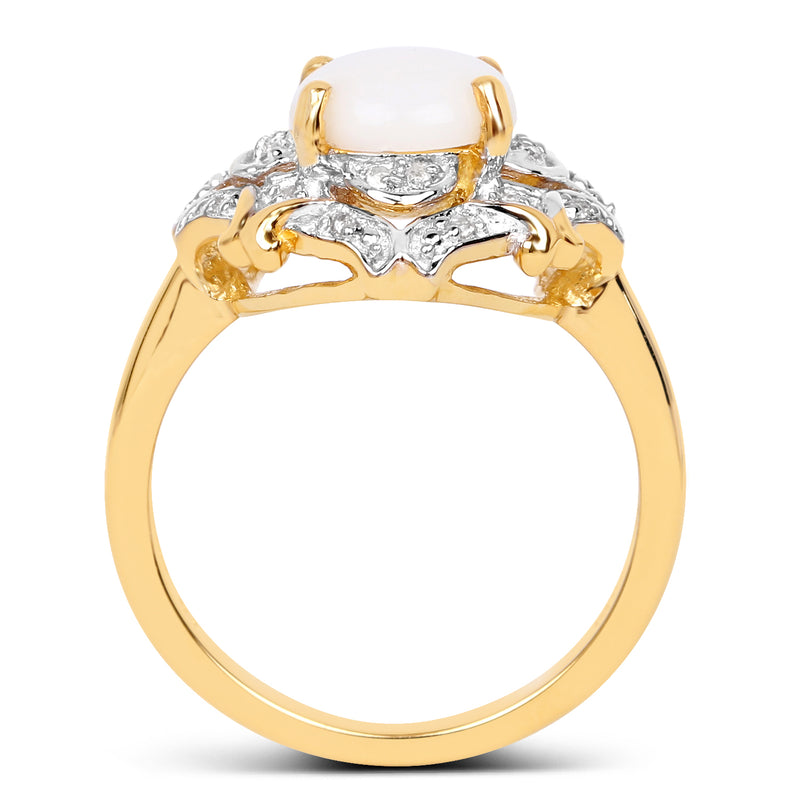 14K Yellow Gold Plated 1.40 Carat Genuine Opal and White Topaz .925 Sterling Silver Ring
