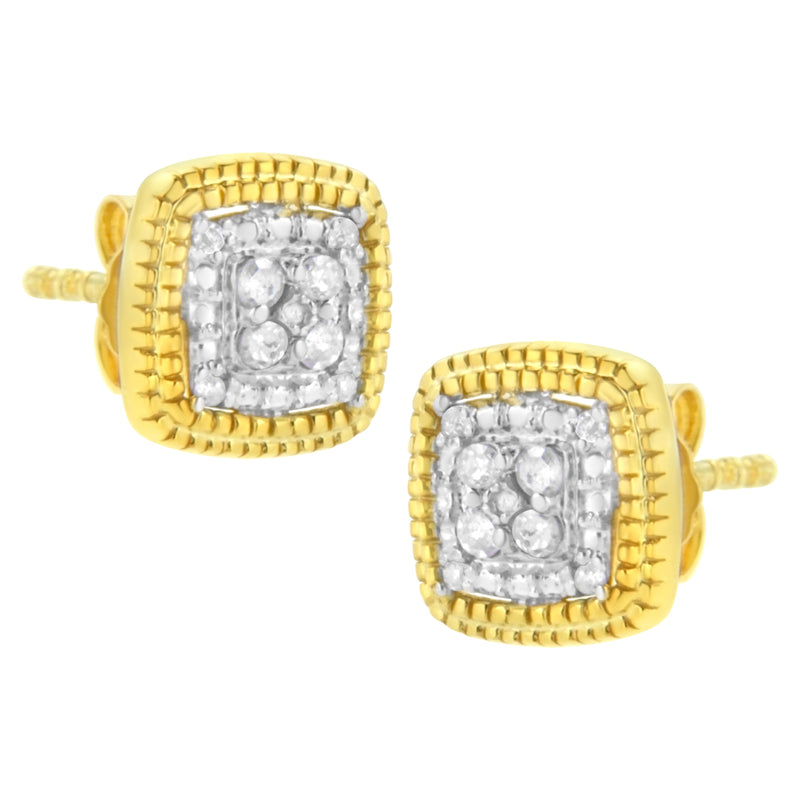 10K Yellow Gold Plated .925 Sterling Silver 1/10 Cttw Prong-Set Round Cut Diamond Square Shape with Milgrain Halo Stud Earrings (I-J Color, I2-I3 Clarity)