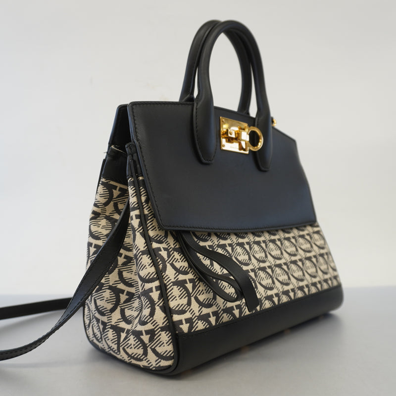 Auth Salvatore Ferragamo Gancini 2WAY Bag Womens LeatherCanvas HandbagShoulde