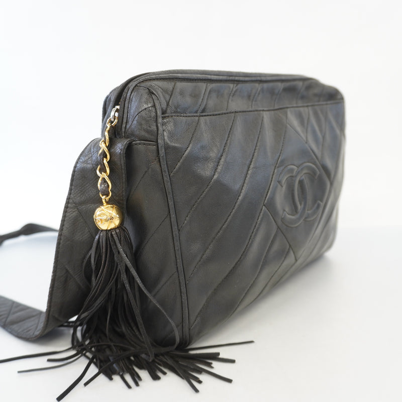 Auth Chanel Shoulder Bag Fringe Shoulder Lambskin Black Gold Metal