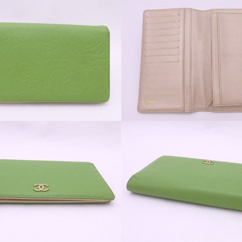 Chanel CHANEL Bi-Fold Wallet Camellia Coco Mark Green Leather Women's