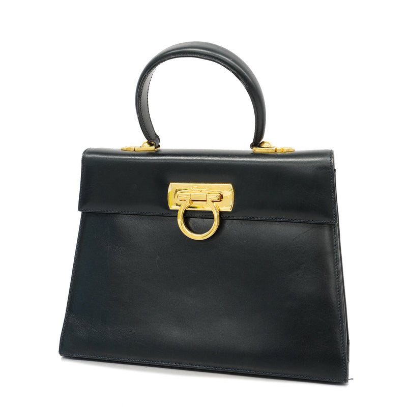 Auth Salvatore Ferragamo Handbag Gancio Leather Black Gold Metal