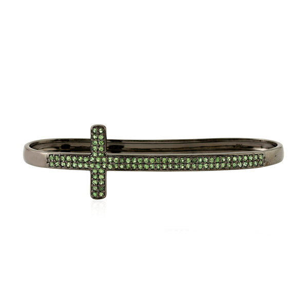 Pave Tsavorite Gemstone Cross Palm Bracelet 925 Sterling Silver