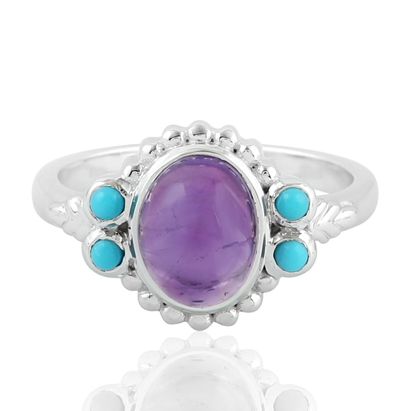 2.74 Natural Amethyst Cocktail Ring 925 Sterling Silver Turquoise Jewelry