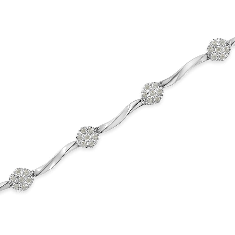 .925 Sterling Silver 1/4 Cttw Diamond Cluster Miracle-Set Station & Twisted Bar 7" Tennis Bracelet (H-I Color, I2-I3 Clarity)