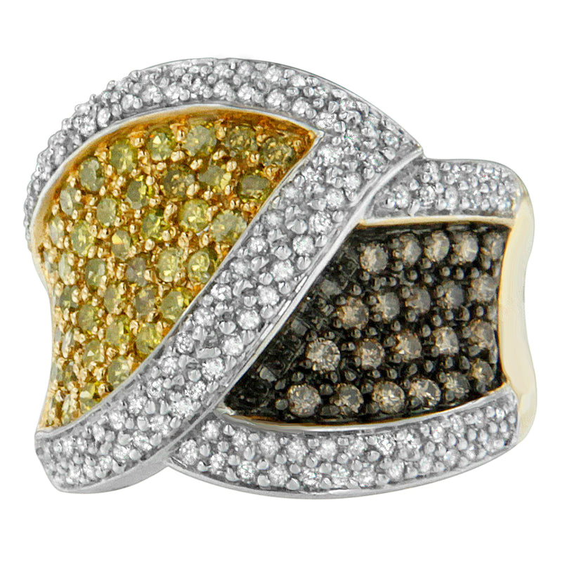 14K Yellow Gold Yellow, White, and Champagne Round-Cut Diamond Cross-over Ring (1 1/2 cttw, H-I Color, I1-I2 Clarity)