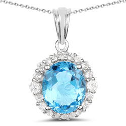 6.12 Carat Genuine Swiss Blue Topaz and White Topaz .925 Sterling Silver Pendant