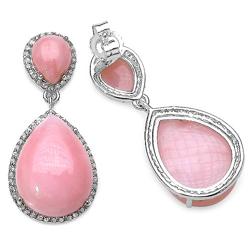 24.36 Carat Genuine Pink Opal and White Topaz .925 Sterling Silver Earrings