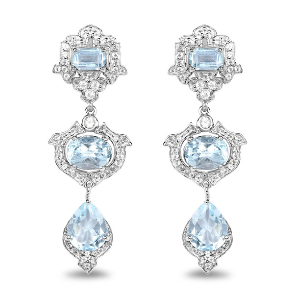 9.07 Carat Genuine Blue Topaz and White Topaz .925 Sterling Silver Earrings