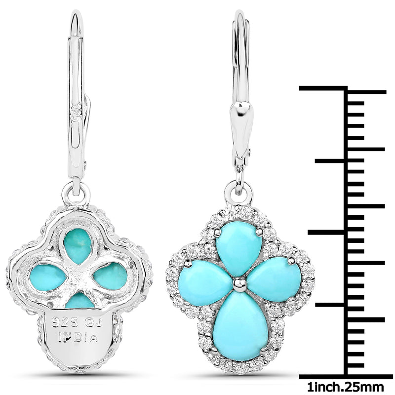 3.93 Carat Genuine Turquoise and White Zircon .925 Sterling Silver Earrings