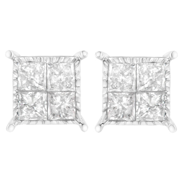 10K White Gold Square Earrings with Princess Cut Diamond (3/4 cttw, I-J Color, I2-I3 Clarity)