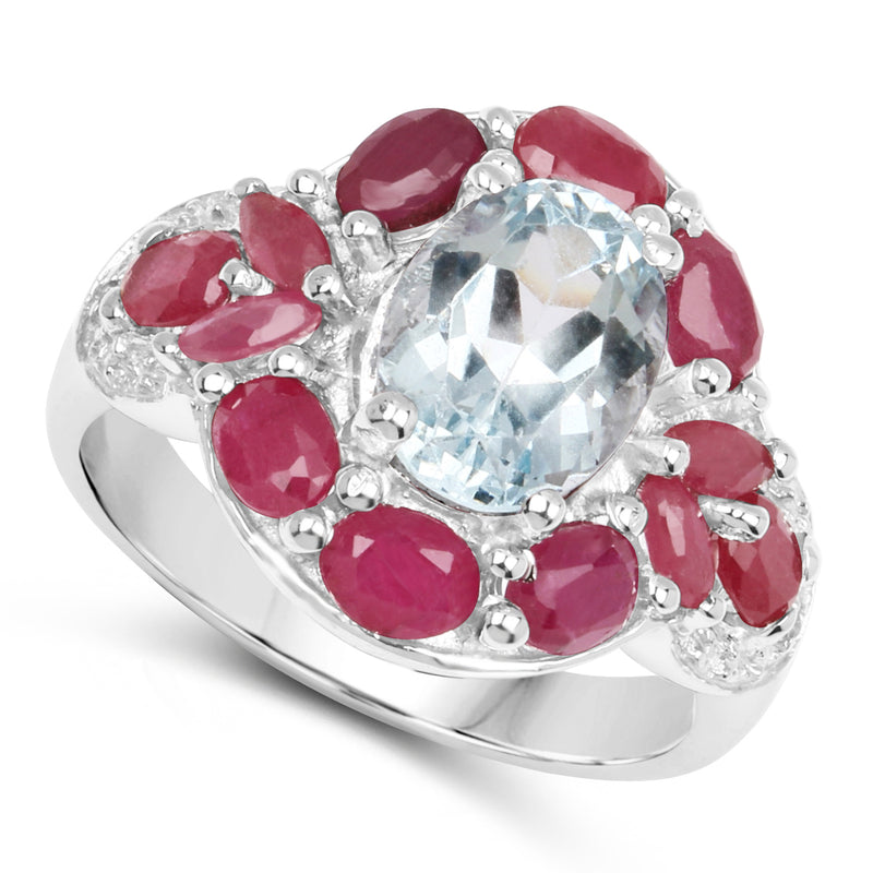 3.54 Carat Genuine Aquamarine, Ruby and White Topaz .925 Sterling Silver Ring