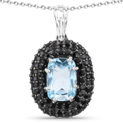 6.70 Carat Genuine Blue Topaz and Black Spinel .925 Sterling Silver Pendant