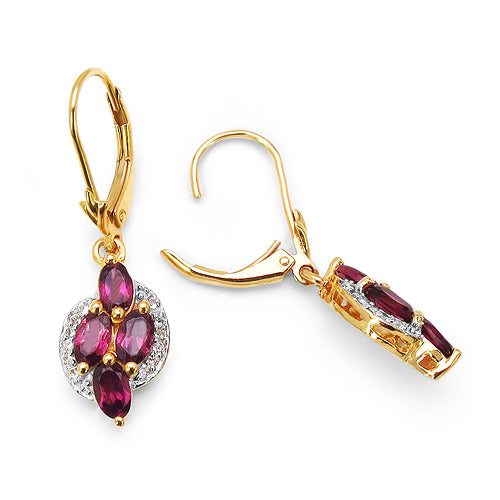 14K Yellow Gold Plated 2.36 Carat Genuine Rhodolite & White Topaz .925 Sterling Silver Earrings