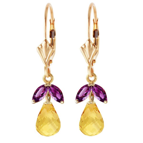 3.4 Carat 14K Solid Yellow Gold Leverback Earrings Citrine Amethyst