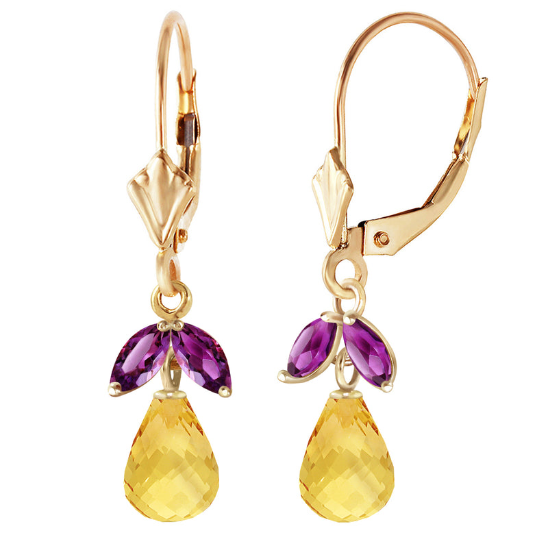 3.4 Carat 14K Solid Yellow Gold Leverback Earrings Citrine Amethyst
