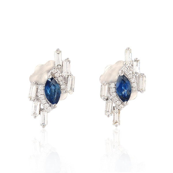 18K Solid Gold 0.52Ct Diamond Marquise Shape Sapphire Stud Earrings Fine Jewelry