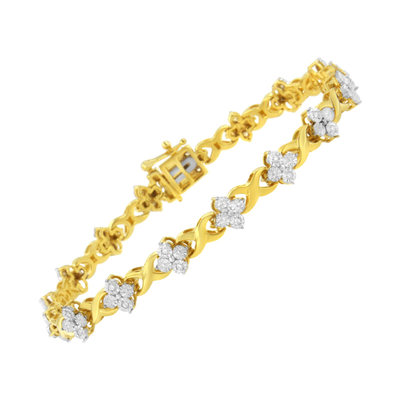 10K Yellow Gold Plated Sterling Silver 1/4 cttw Diamond 4 Leaf Clover Link Tennis Bracelet (I-J Color, I2-I3 Clarity) - Size 7.25"