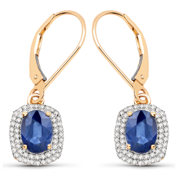 2.36 Carat Genuine Blue Sapphire and White Diamond 14K Yellow Gold Earrings