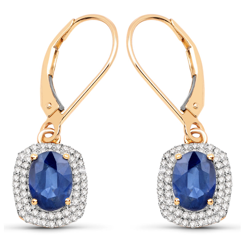 2.36 Carat Genuine Blue Sapphire and White Diamond 14K Yellow Gold Earrings