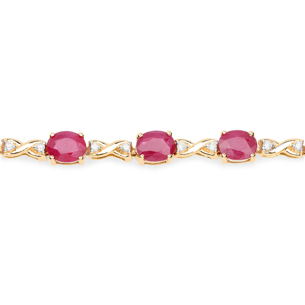 7.49 Carat Genuine Ruby and White Diamond 14K Yellow Gold Bracelet